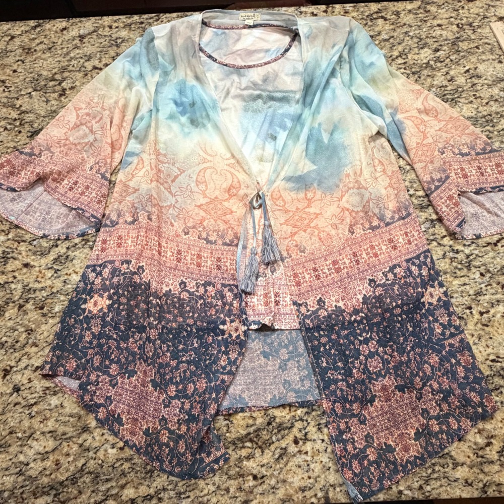 One World Live and Let Boho 2 Piece Set Paisley Floral Tassel Cardigan‎ Tank L